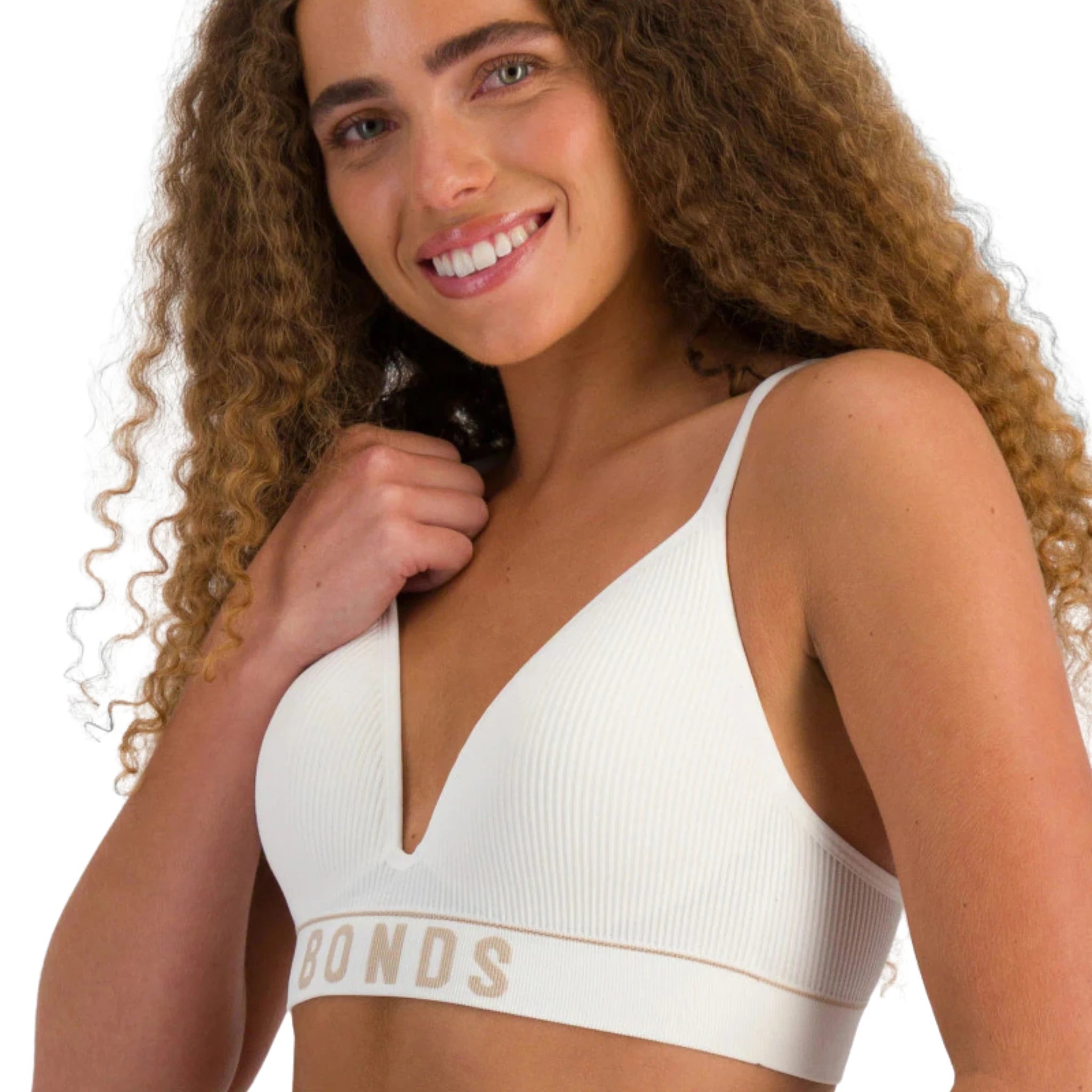Bonds Retro Rib Seamless Wirefree Bra in White/Blushed - Front View